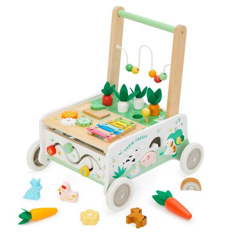 Farm-Themed Baby Walker — Wooden Push Walker with Shape Sorter & Adjustable Speed