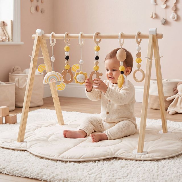 Wooden Sensory Baby Activity Gym with 6 Detachable Toys | labebe®