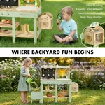 Backyard play scenarios infographic showing children using wooden mud kitchen and planter