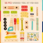 Flat lay breakdown of 36 pieces wooden tool kit for kids including hammer wrench and screws
