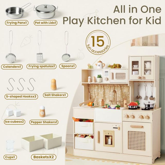 Cream Wooden Play Kitchen Set with Storage | labebe®