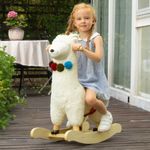 Child riding llama plush rocker outdoors with wooden rocking base