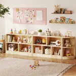 Montessori classroom toy organization layout using solid wood corner bookcase and shelves
