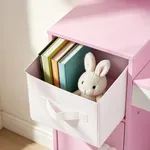 Open storage for wooden vanity set with toy and book inside