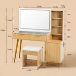 Dimensions of fluted oak makeup vanity desk with mirror, storage cabinet and stool