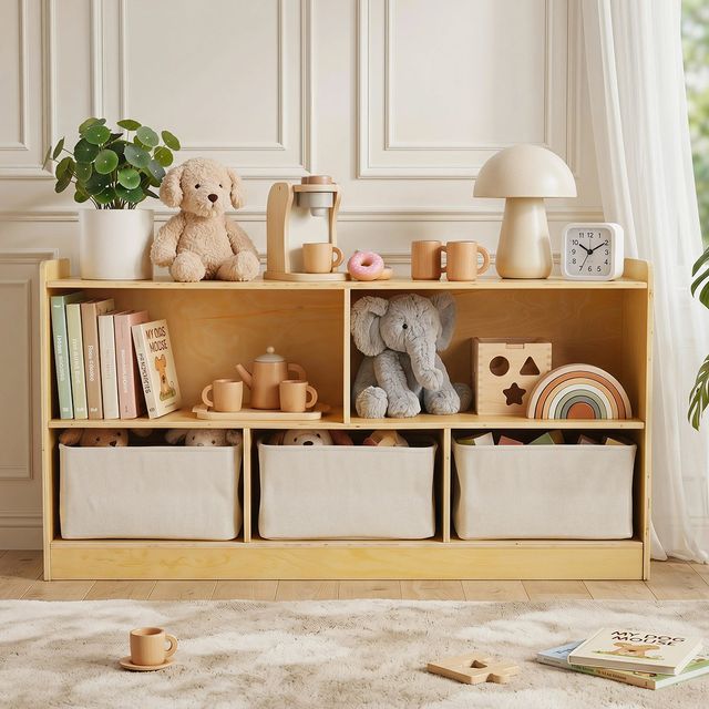 Natural Wood Montessori Shelf with Storage Boxes | labebe®