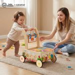 Child using Baby Einstein wooden activity walker with parent during early walking practice