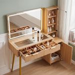 Labebe Vanity desk with mirror lights showing makeup drawers, glass top storage and side cabinet