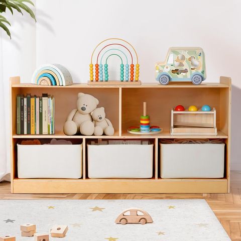 Natural Wood Montessori Shelf with Storage Boxes