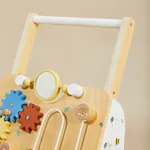 Front panel detail of wooden activity walker with xylophone gears and mirror