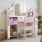 White vanity set with storage cabinet and pink accents – Labebe 3 in 1 kids vanity table with chair