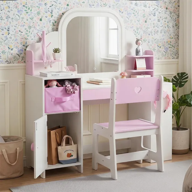 GlowTime 3-in-1 Kids Vanity Set with LED Mirror, Storage Cabinet & Chair