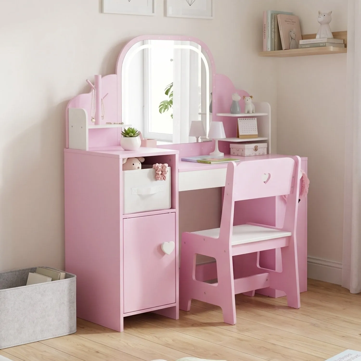 Beautiful pink kids vanity set with LED mirror and storage – Labebe children’s vanity table"
