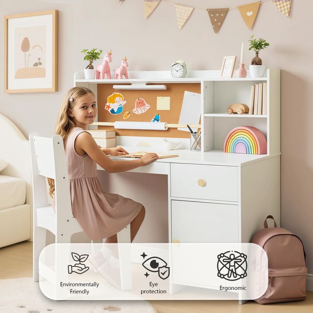 Kids’ Desk & Chair Set with Cork Board & Hutch