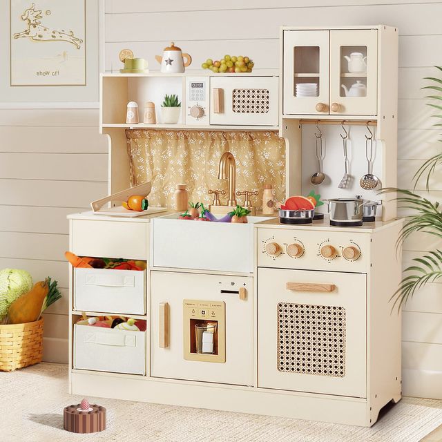 Cream Wooden Play Kitchen Set with Storage