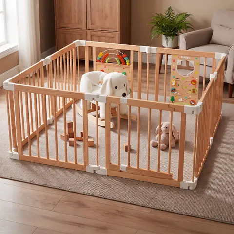 Labrador Plush Rocker & Natural Wood Baby Playpen Set | labebe®