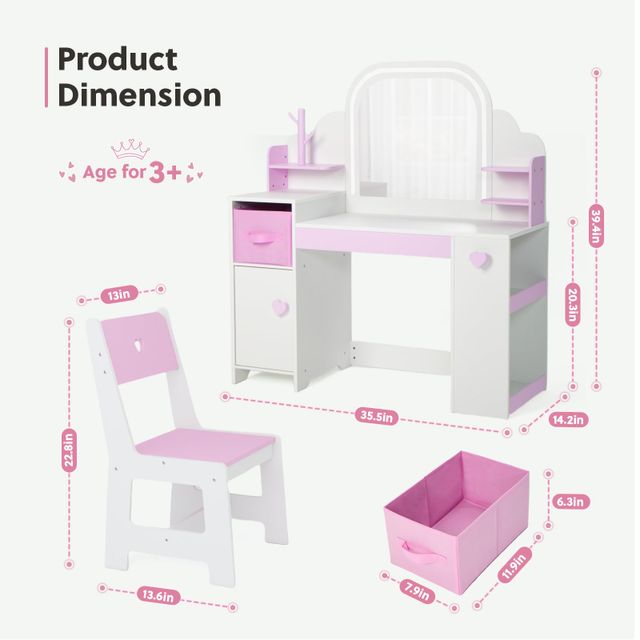 Pink 3-in-1 Kids’ Vanity Set with LED Mirror & Chair