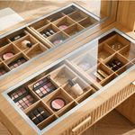 Glass top makeup organizer drawers for cosmetics and jewelry storage