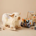 Labebe White Highland Cow plush rocker with wooden tool bench walker set for toddlers