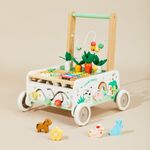 Farm-themed wooden baby walker with bead maze, xylophone and activity toys by labebe
