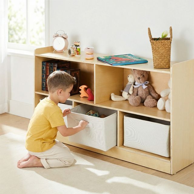 Étagère Montessori en bois naturel avec boîtes de rangement