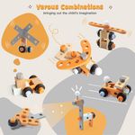 Wooden tool bench toy set showing various assembled model combinations, including an airplane, helicopter, and car