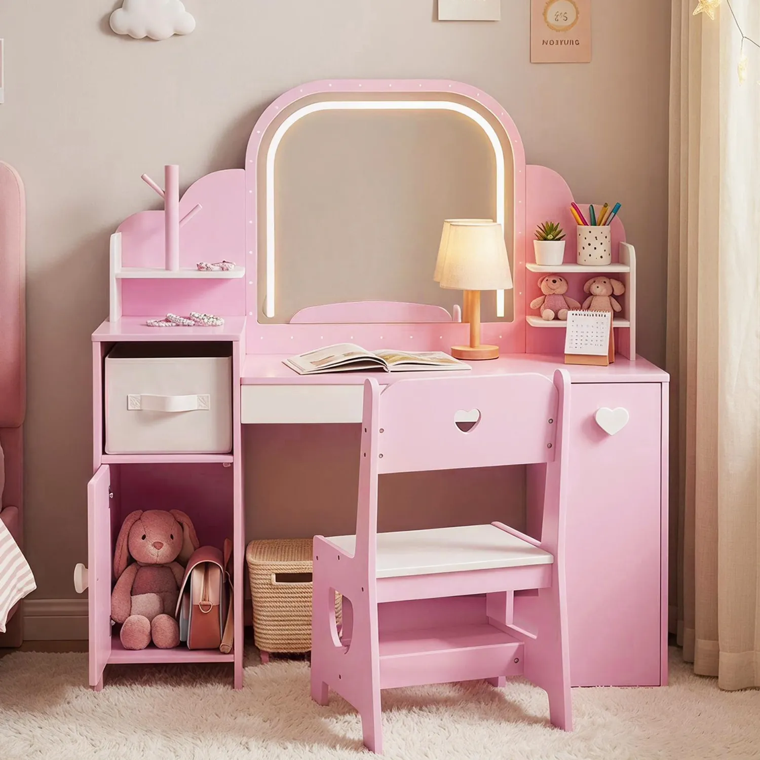 Pink wooden vanity set with LED mirror for kids – labebe 3-in-1 children’s vanity desk and chair