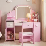 Pink wooden vanity set with LED mirror for kids – labebe 3-in-1 children’s vanity desk and chair