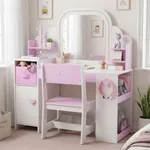White and pink 3 in 1 kids vanity set with LED mirror and storage cabinet – Labebe GlowTime vanity table