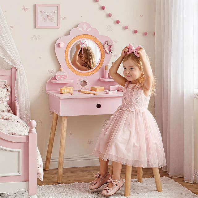 Flower Shaped Kids Vanity Set with Rattan Mirror & Stool