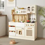 Cream wooden toy kitchen set with woven accent door styled in modern nursery room