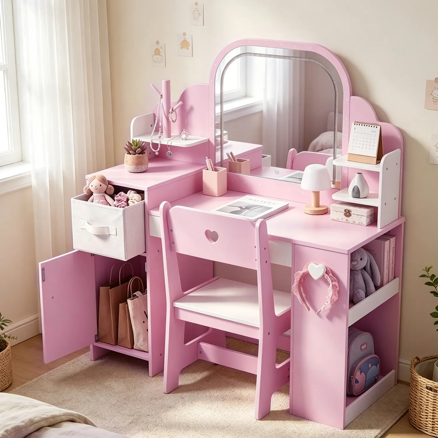 Pink kids vanity set with LED mirror, storage cabinet and chair – Labebe children’s vanity desk