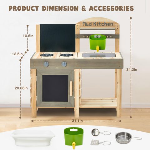 Wooden Mud Kitchen with Sink & Accessories – Outdoor Pretend Play Kitchen for Kids