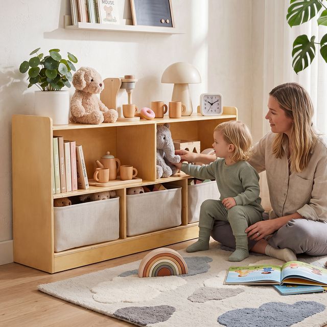 Natural Wood Montessori Shelf with Storage Boxes | labebe®