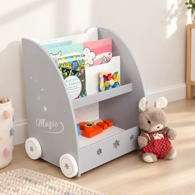 Rolling Kids Bookshelf with Toy Storage Bin