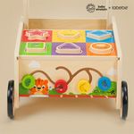Front view of Baby Einstein x labebe wooden activity walker featuring shape sorter and bead maze