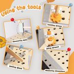 Wooden tool bench walker with hammering, screw twisting, wrench, sawing and measuring activities