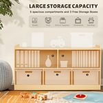 Labebe Montessori shelf with storage featuring easy-access fabric bins for toys and books on natural wooden design