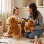 Mother and toddler playing together with Labebe highland cow rocker and plush toy
