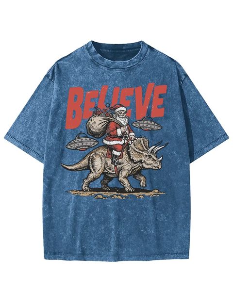 Santa on Triceratops with UFOs Washed T-Shirt
