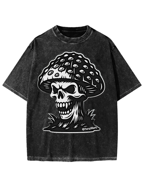 Dark Psychedelic Skull Mushroom Graphic Washed T-shirt