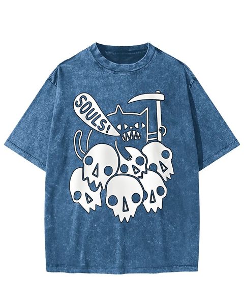Fiendish Cat SOULS Skull Pile Washed T-Shirt