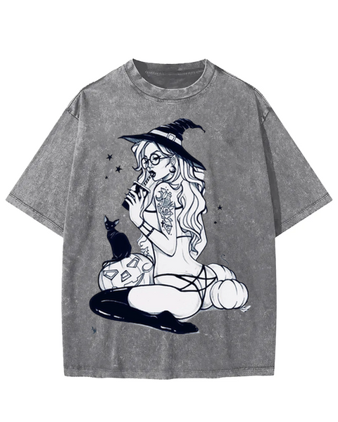 Witch & Black Cat Graphic Washed T-shirt