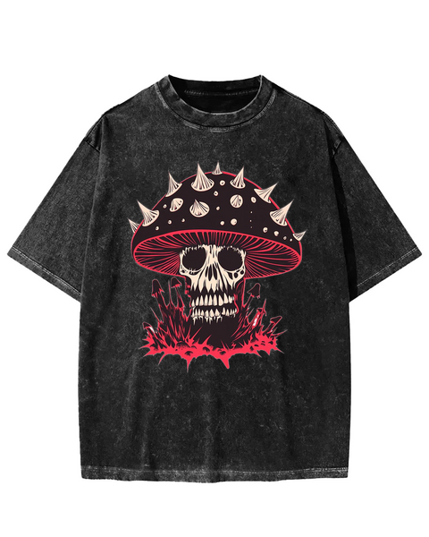 Dark Fantasy Skull Mushroom Graphic Washed T-shirt