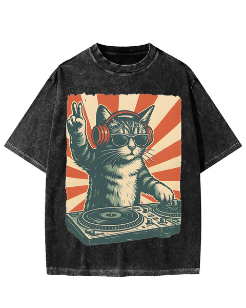 Funny DJ Cat Washed T-shirt