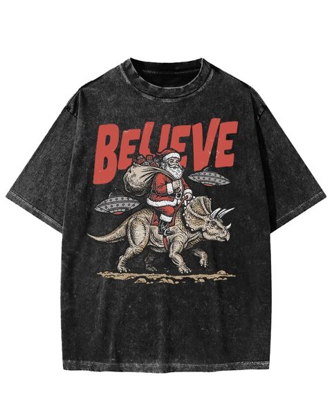 Santa on Triceratops with UFOs Washed T-Shirt