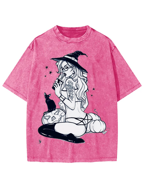 Witch & Black Cat Graphic Washed T-shirt