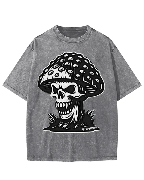 Dark Psychedelic Skull Mushroom Graphic Washed T-shirt