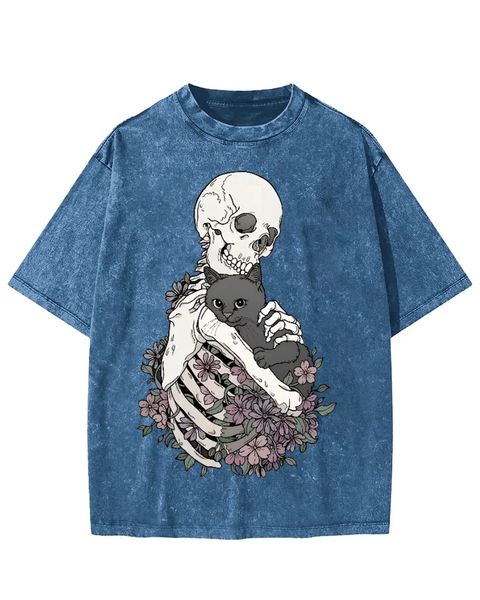 Skeleton Hugging Black Cat with Flowers Washed T-Shirt