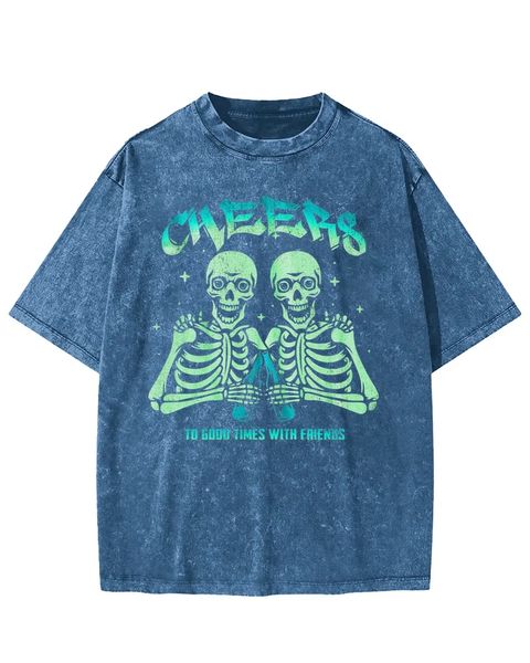 Cheers to Good Times with Friends Double Skull Washed T-Shirt